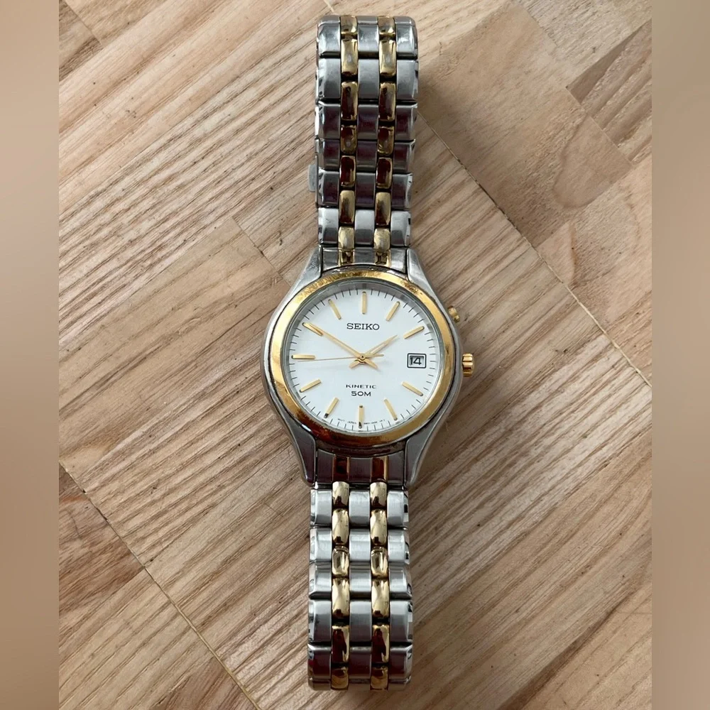 Seiko Kinetic Automatic Men’s Watch Two-Tone Bracelet Case White Dial Date